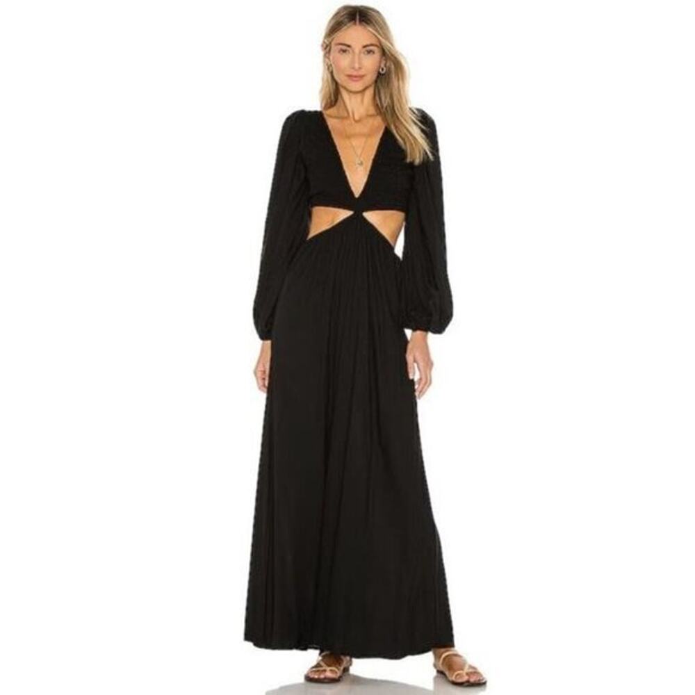 Indah Julie Ruched Bodice Cutaway Puff Sleeve Maxi Dress Black Women's Size S